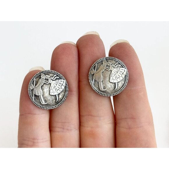 Handmade 30's Antique Courting Couple Sterling Silver Screw Back Vintage Studs - Picture 7 of 8